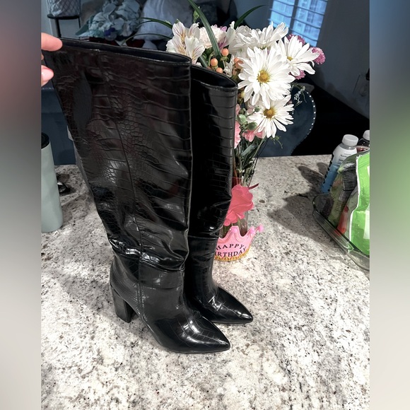 Lulus Black Croc-Embossed Knee-High Boots. Worn once - Picture 2 of 5